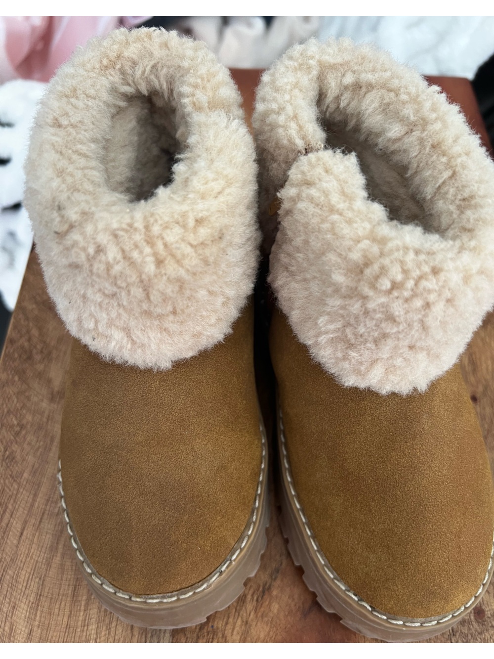 Zara Chestnut Suede Shearling-Trim Bootie